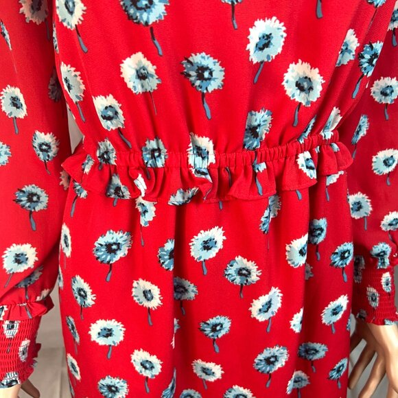 J. Crew Red Dandelion Floral Print Smocked Long Sleeve Round Neck Preppy Dress 0 - Picture 7 of 12